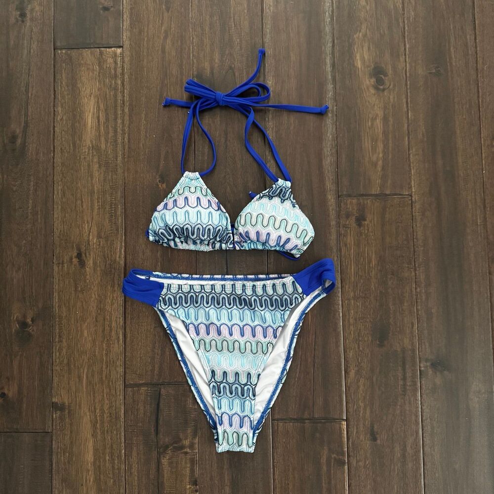 Boho Beachy Blue & Pink Halter Triangle String Bikini Set NWOT